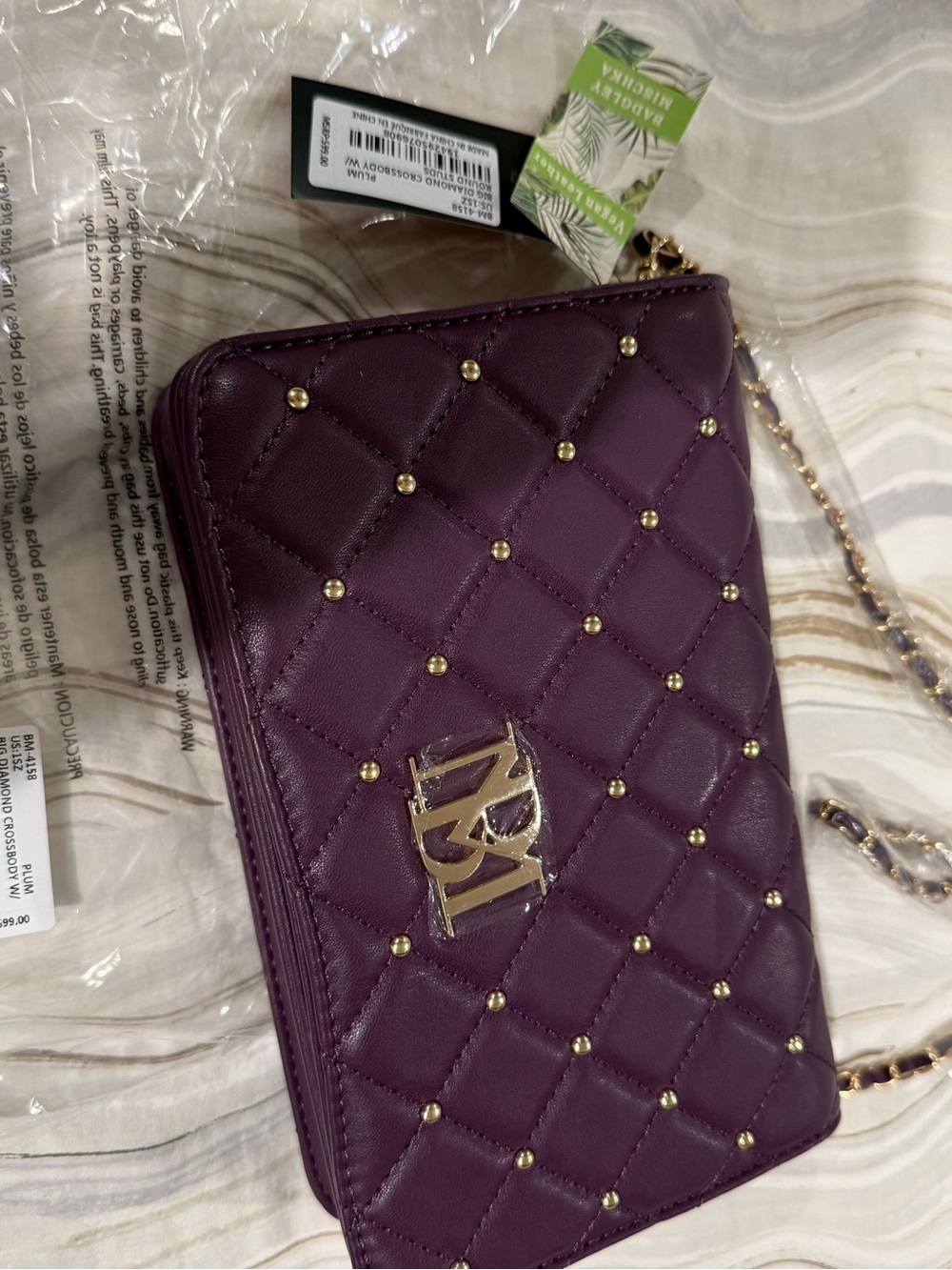 Badgley Mischka Quilted Purple Chain Crossbody purse Bag with Gold Studs